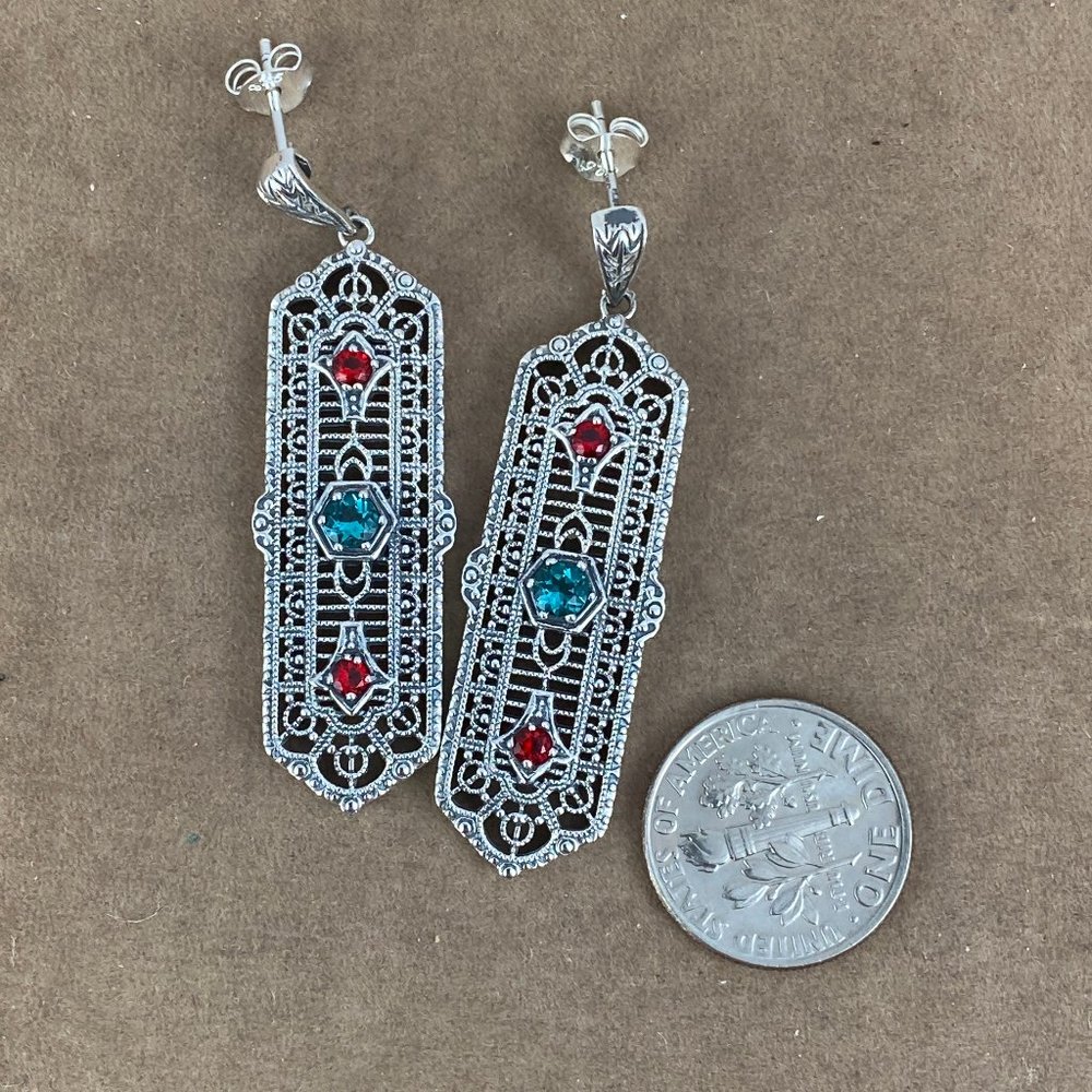 Natural 1CT TW Apatite & Fire Garnet 925 Silver Art Nouveau Filigree Earrings